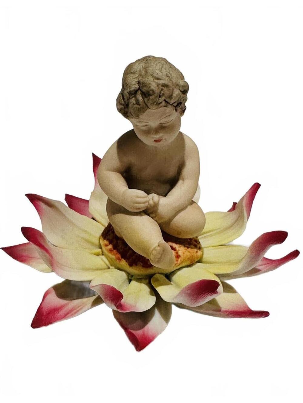 Vintage Capodimonte Porcelain Decorative Figurine Baby Sitting on Lotus Flower